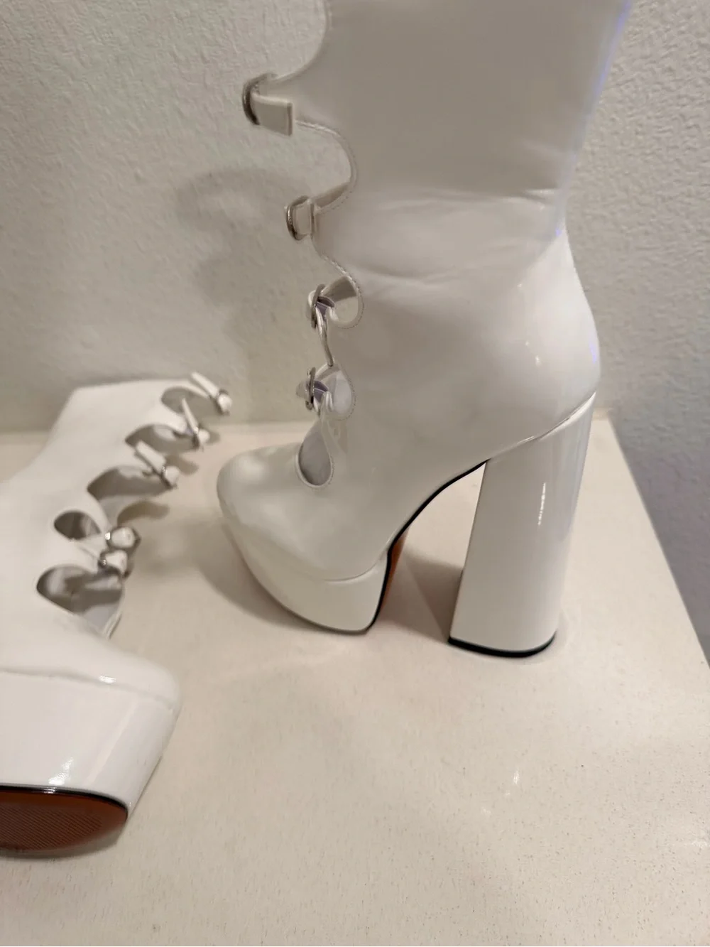 White Platform Ankle Boots with Scalloped Buckle Straps